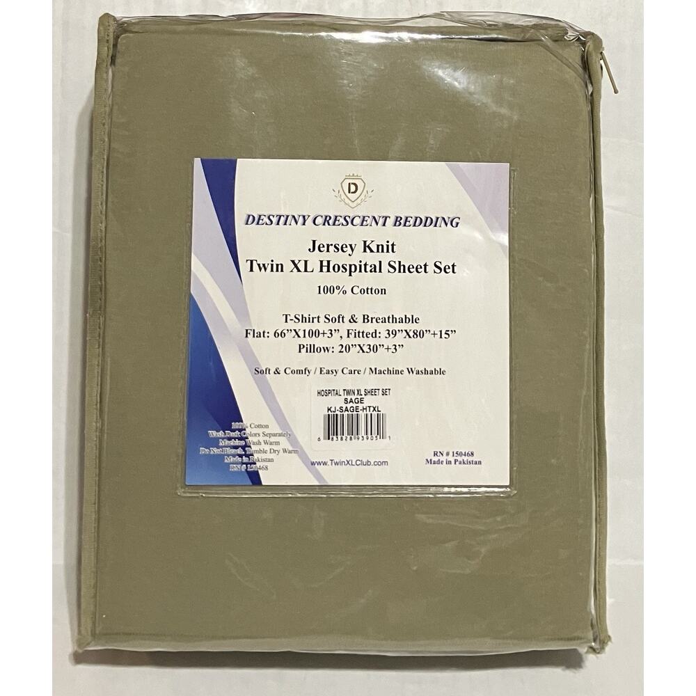 Destiny Crescent Bedding Twin XL Hospital Sheet Set Jersey Knit Sage Green NIP